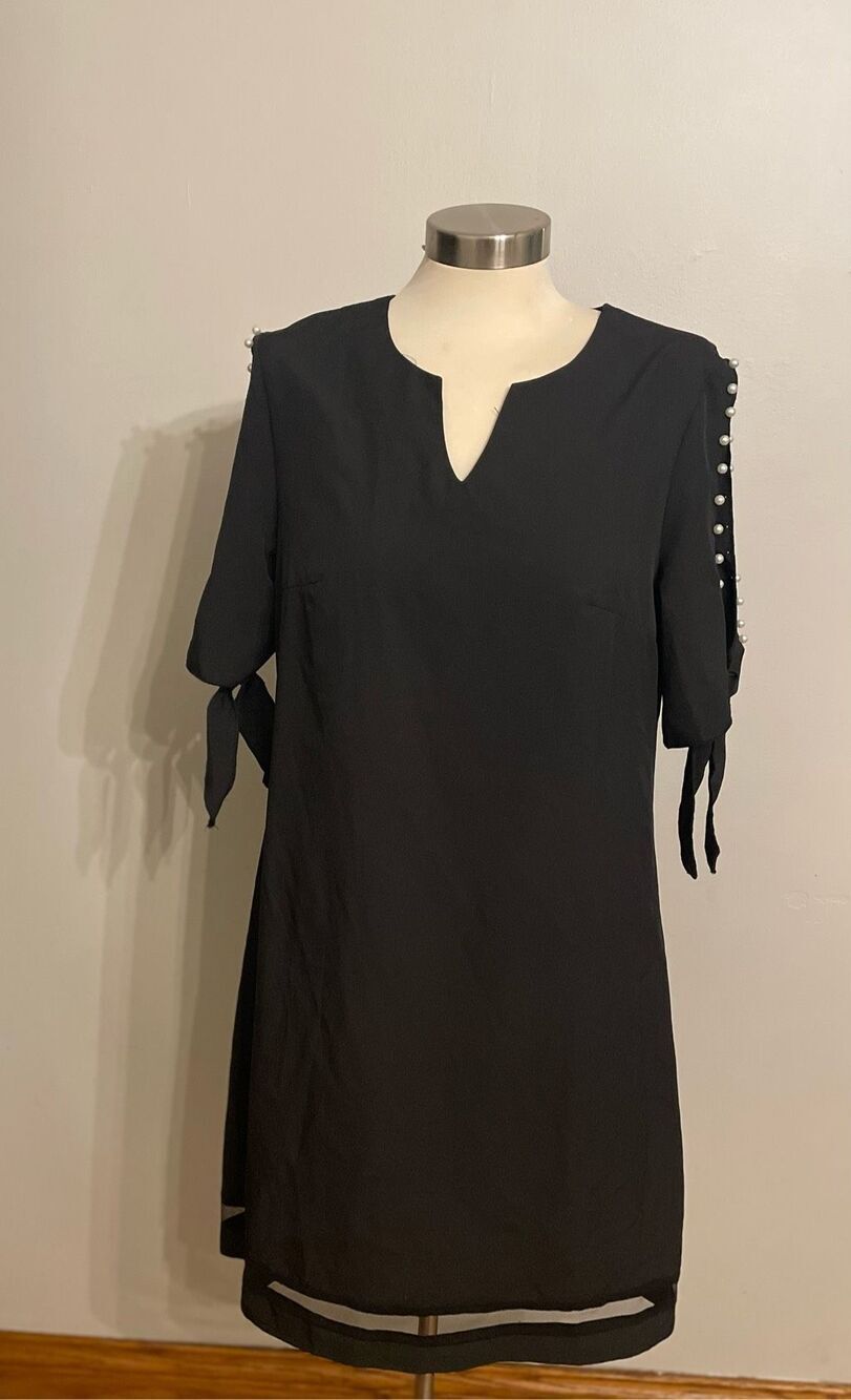 Black Cols Shoulder Faux Pearl Midi Dress Medium